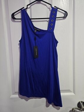 NWT! Sleeveless Blue Top With Fun Strap Detail And Asymmetrical Hem, Medium